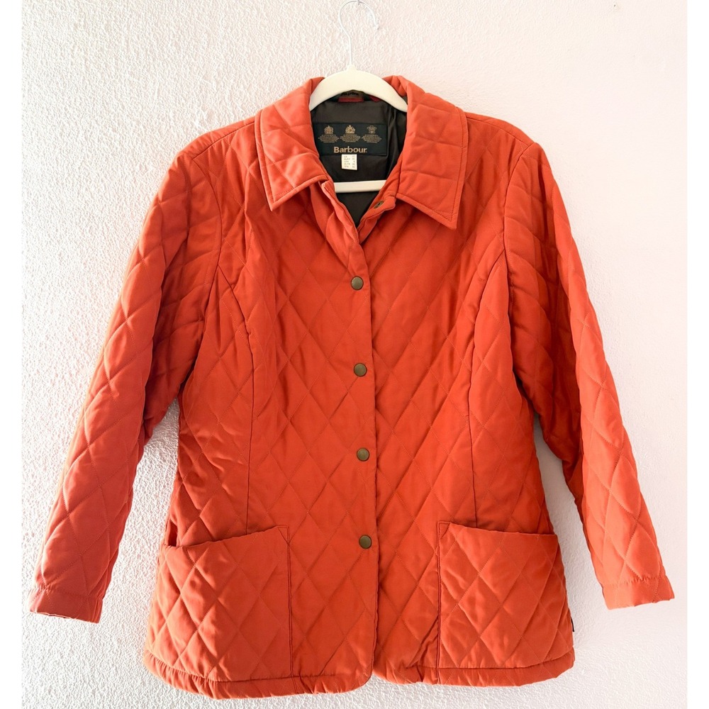 Barbour Women Rust Orange Diamond Quilted Snap Front Jacket Equestrian Size 6